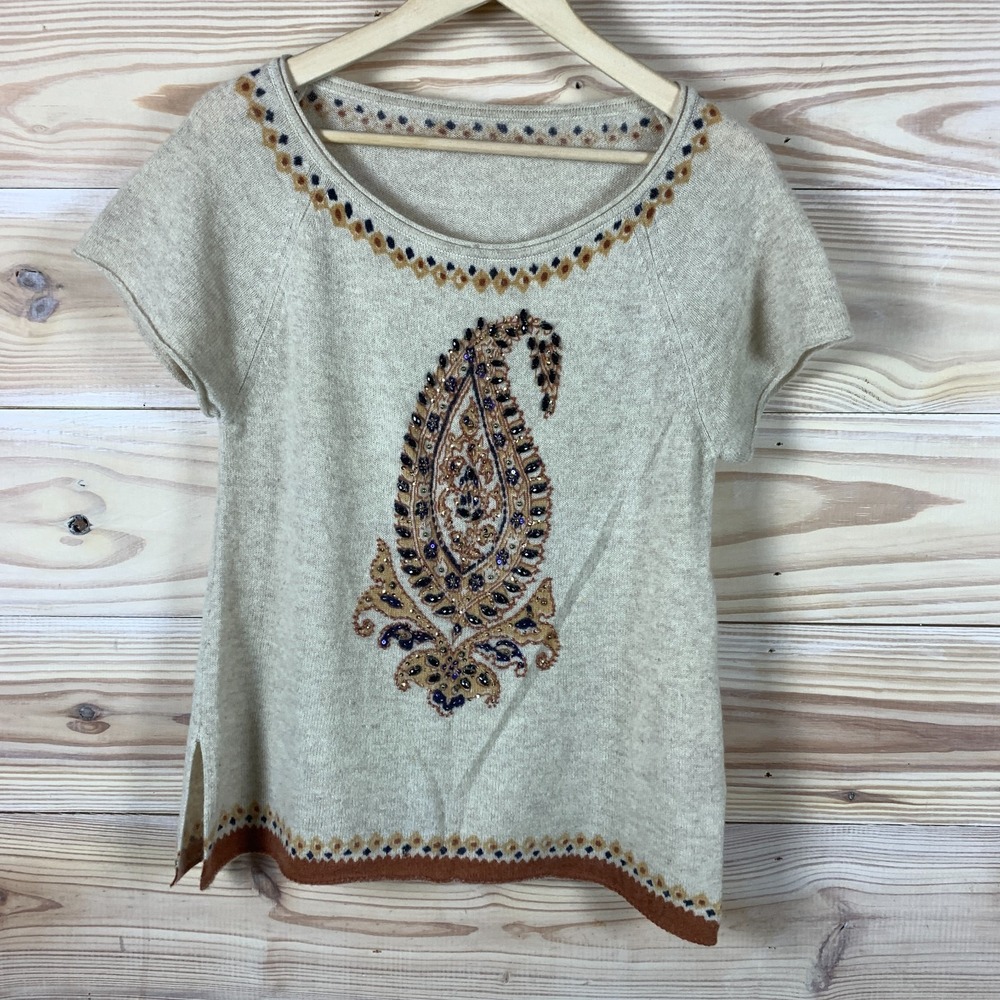 Calypso St. Barth Cashmere Sweater Tunic Paisley Rhinestone Embellish Beige Top